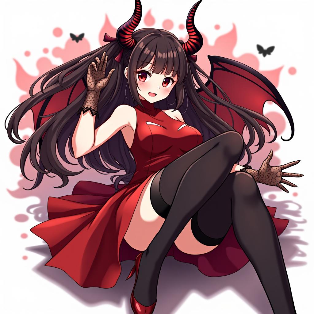  anime succubus in black short, translucent, openwork gloves, red dress and black stockings lies on which she bursts with excitement and 