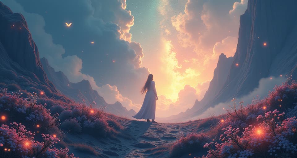  a lone figure standing amidst a gleaming, ethereal landscape, their shadow casting long and unyielding. floating creatures and luminescent flora swirl around, indicating their unwavering presence despite external forces. serene, otherworldly atmosphere, suggesting an indomitable spirit.. the style is digital art illustration,highly detailed, whimsical,magical, dreamlike atmosphere, realism and fantasy blend, smooth, glossy textures,luminous quality, wonder and enchantment.