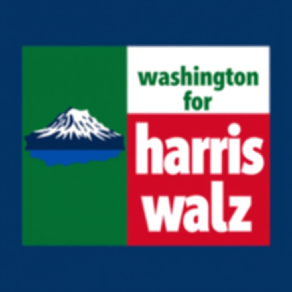  a design inspired by the washington state flag. the left side features a green vertical stripe with mt. rainer in the center. the right side is divided into two horizontal sections: the top section is white with the text 'washington for' in bold, green, uppercase letters, and the bottom section is red with the text 'harris walz' in bold, white, uppercase letters. the overall layout is clean and straightforward, with a clear and patriotic color scheme of blue, white, and red.