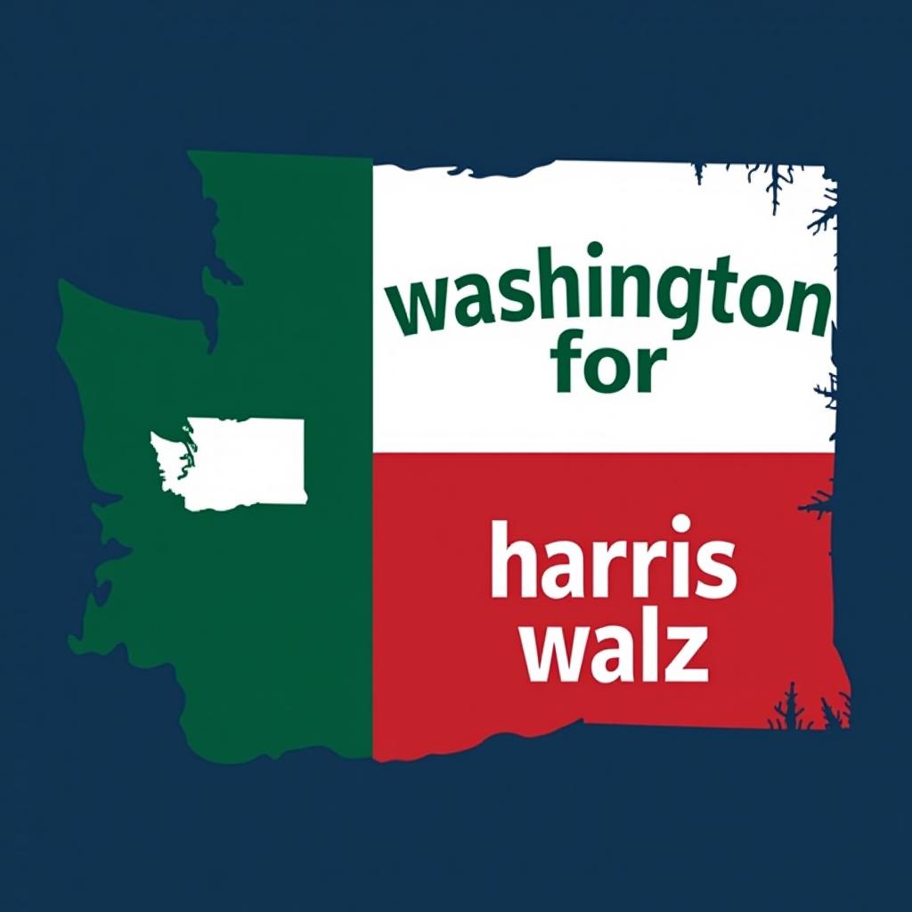  a tshirt design inspired by the washington state flag. the left side features a green vertical stripe with a large mountain in the center. the right side is divided into two horizontal sections: the top section is white with the text 'washington for' in bold, green, uppercase letters, and the bottom section is red with the text 'harris walz' in bold, white, uppercase letters. the overall layout is clean and straightforward, with a clear and patriotic color scheme of blue, white, and red.