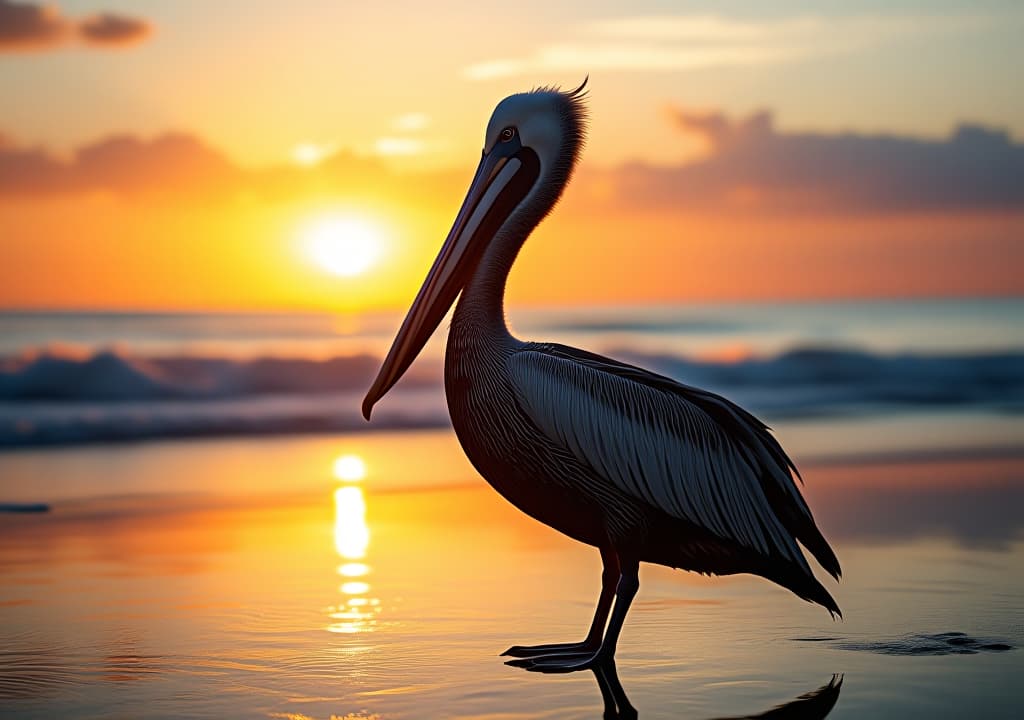  a pelican stands on the beach at sunset, high quality, high details, hd, perfect composition, 4k epic detailed, highly detailed, sharp focus, high resolution