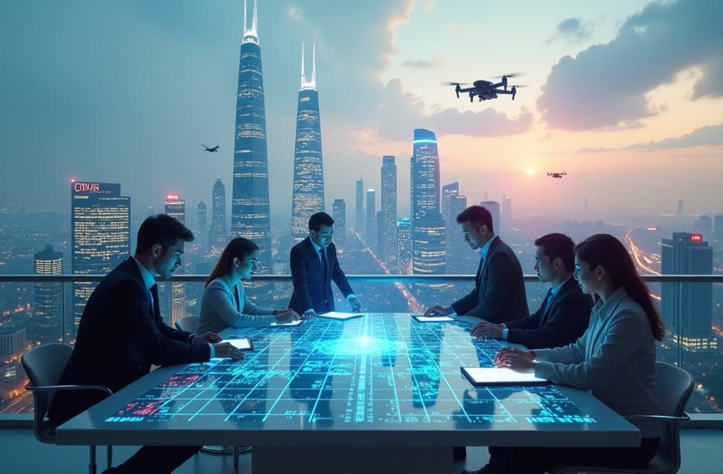  "create a futuristic cityscape showcasing towering skyscrapers with digital interfaces and holograms representing artificial intelligence innovations. in the foreground, diverse professionals collaborate around a large digital table, analyzing data on touchscreens. the skyline should feature logos of renowned tech companies subtly integrated into the architecture, while drones and autonomous vehicles navigate the streets, symbolizing advanced ai technology in everyday life." hyperrealistic, full body, detailed clothing, highly detailed, cinematic lighting, stunningly beautiful, intricate, sharp focus, f/1. 8, 85mm, (centered image composition), (professionally color graded), ((bright soft diffused light)), volumetric fog, trending on instagram, trending on tumblr, HDR 4K, 8K