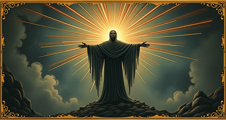  a central figure with arms outstretched, radiant aura, light waves emanating outwards, transformative energy, spiritual awakening. an illustration in the style of a worn, mystical old tarot trump card, mysterious and elements of surrealism. the colors are muted, somber and eerie, but with contrast bring out an occult and esoteric vibe.