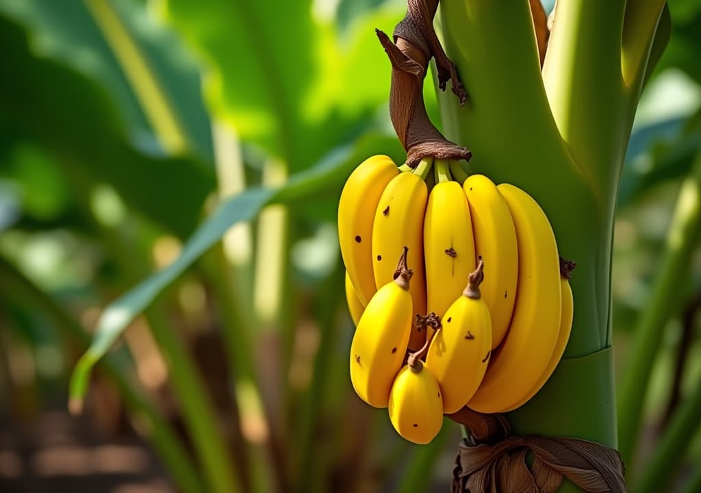  outdoors sunny garden full of tropical banana tree plants full of a bunch of yellow ripe banana fruits and large exotic green leaves casting the shadow. organic food growth, plantation and farming