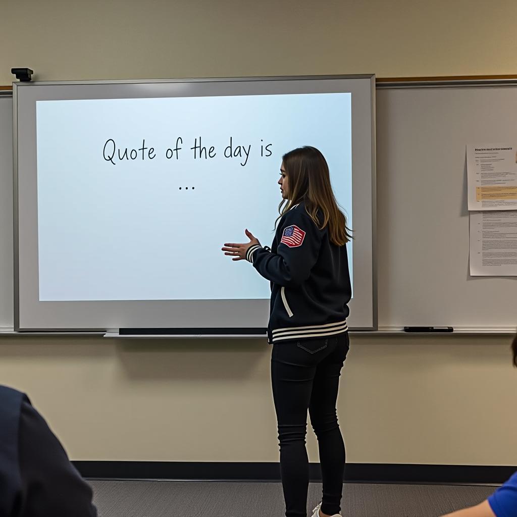  the image features a person, likely a student, standing in front of a large interactive whiteboard or smartboard in what appears to be a classroom. the individual is dressed in a varsity jacket with patches on the sleeves, black jeans, and sneakers. they are gesturing towards the screen with both arms extended, as if presenting something to the class. displayed on the whiteboard is a partially written phrase in a casual, handwritten style font: "quote of the day is..." the phrase seems to set the stage for a daily motivational or inspirational quote, though the actual quote isn't provided, leaving it open ended. in the background, there are some notes and papers posted on the classroom wall, adding to the academic setting. the overall mood