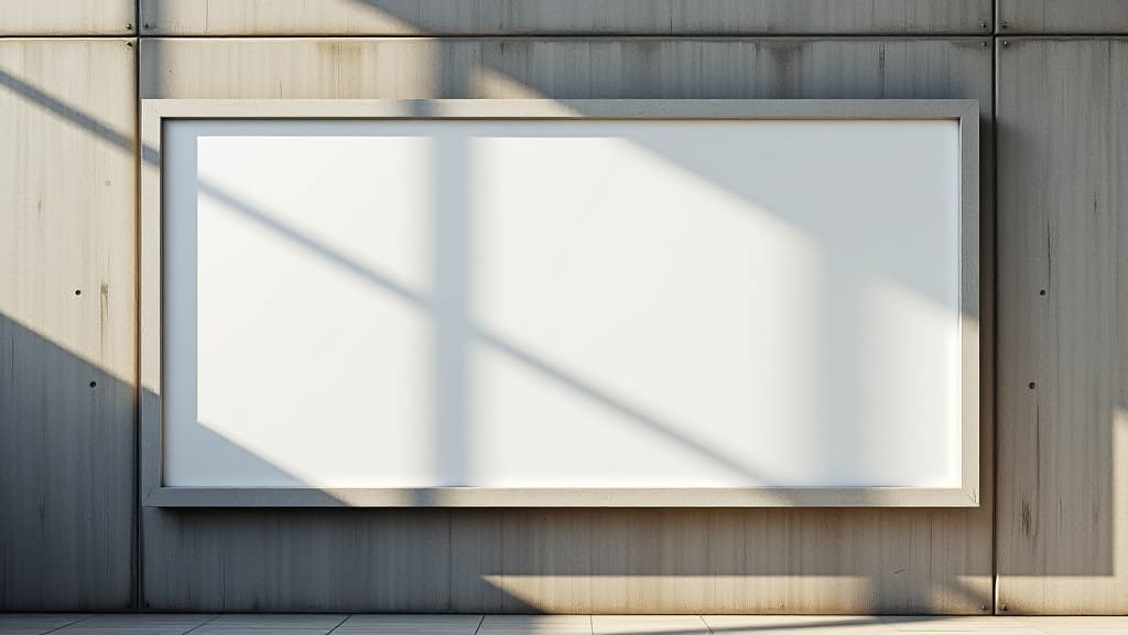  blank billboard on a weathered concrete wall with sunlight shining through.