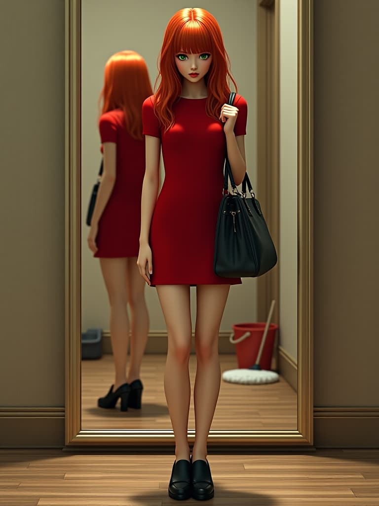  hyperrealistic art realistic girl with red hair and green eyes, dressed in a short red dress, black shoes with a fashionable black handbag on her shoulder, standing in front of a mirror, in the background there is a mirror, a mop and a frost bucket are standing near the closet. . extremely high resolution details, photographic, realism pushed to extreme, fine texture, incredibly lifelike