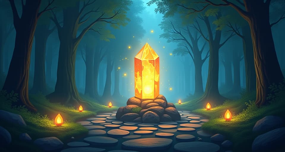  an illuminated crystal in the heart of an enchanted forest, surrounded by beings of light. the scene is tranquil and reflective, symbolizing personal growth.. the style is digital art illustration,highly detailed, whimsical,magical, dreamlike atmosphere, realism and fantasy blend, smooth, glossy textures,luminous quality, wonder and enchantment.