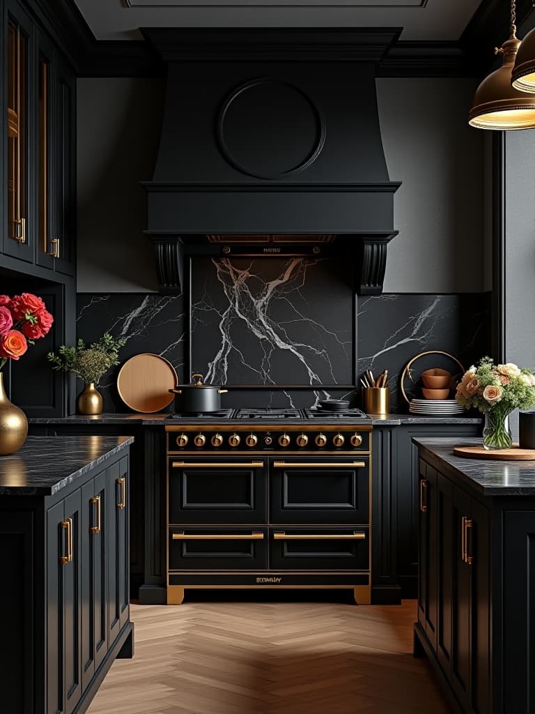  high quality portrait photo of an elegant kitchen featuring a dramatic black and gold color scheme, with gold hardware, a black marble backsplash, and a vintage inspired range cooker, viewed from a corner angle hyperrealistic, full body, detailed clothing, highly detailed, cinematic lighting, stunningly beautiful, intricate, sharp focus, f/1. 8, 85mm, (centered image composition), (professionally color graded), ((bright soft diffused light)), volumetric fog, trending on instagram, trending on tumblr, HDR 4K, 8K