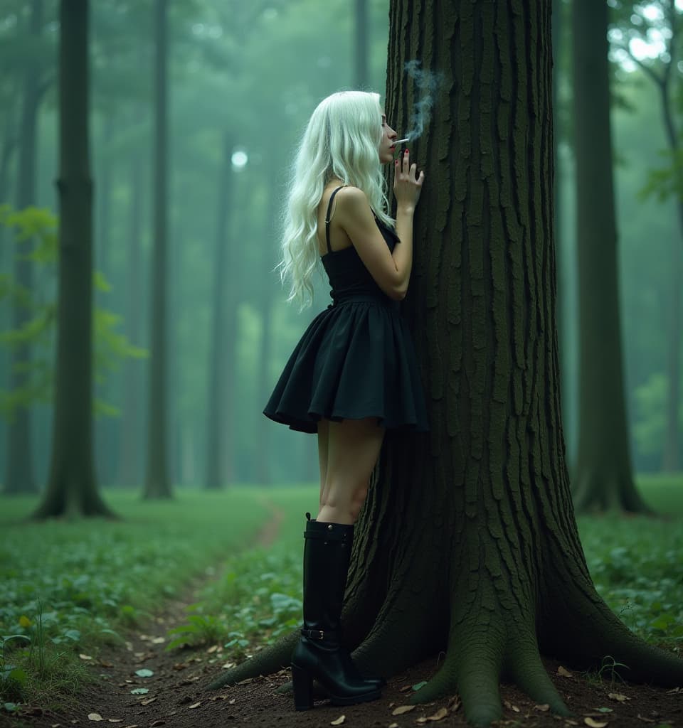  cinematic photo a goth woman with long white curly hair stands high against a tree in a mystical forest, smoking a cigarette. she is wearing a short gothic dress and high heeled boots. full height, side view, high detail, 4k. . 35mm photograph, film, bokeh, professional, 4k, highly detailed