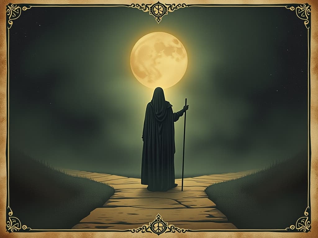  individual finding path, glowing aura around person, standing at crossroads, determined expression, subtle light illuminating surroundings, self discovery, inner journey, revelation. an illustration in the style of a worn, mystical old tarot trump card, mysterious and elements of surrealism. the colors are muted, somber and eerie, but with contrast bring out an occult and esoteric vibe.