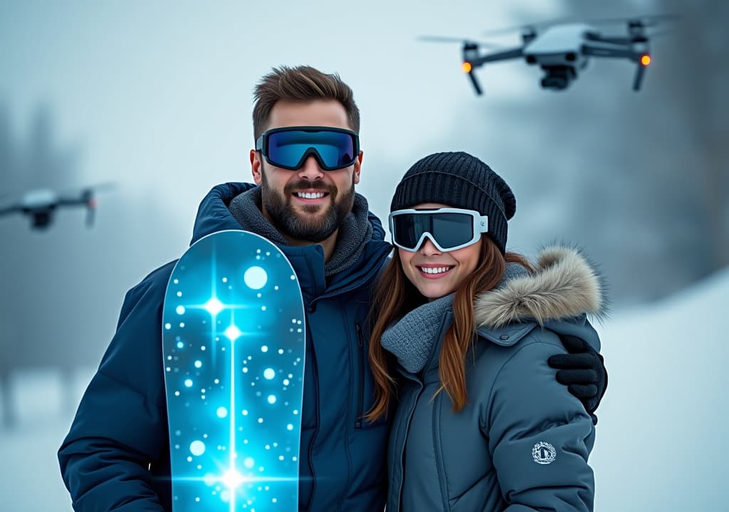  bearded man and beautiful woman wearing high tech glasses posing with holographic snowboard in futuristic snow covered landscape with ai enhanced drones flying overhead