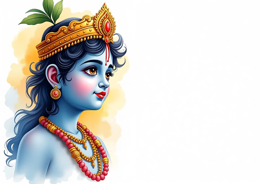  watercolor illustration for janmashtami with lord krishna portrait and copy space.