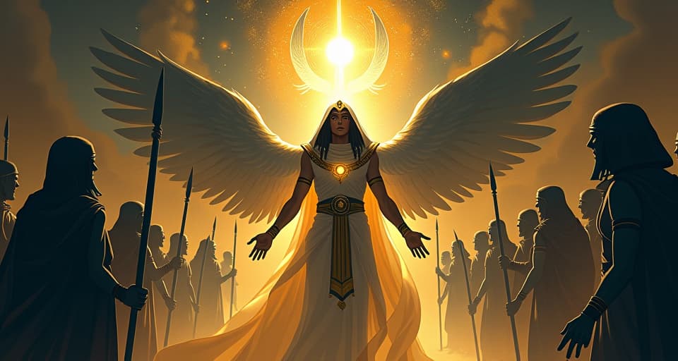  figure surrounded by spectral ancestors, victorious past warriors, amplifying aura of light, mood of undeniable truth and power. the style is digital art illustration / modern comic book / mysterious occult, symbolic, esoteric vibe,high detail on character design, incorporating ancient egyptian symbology and attire.