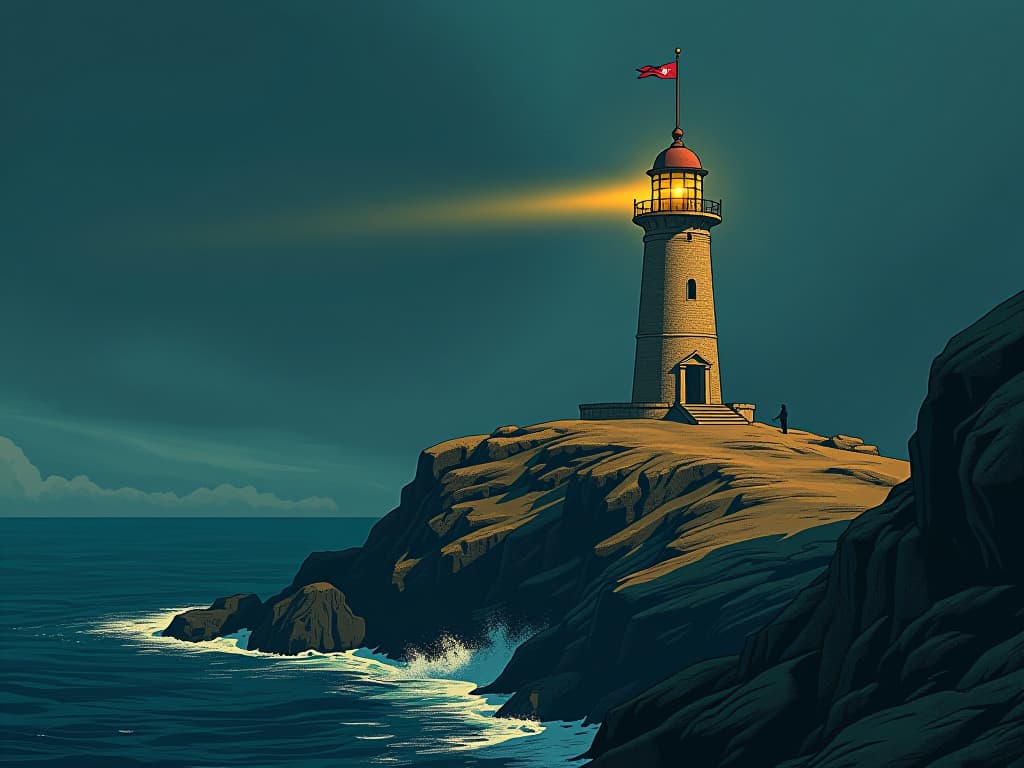  a solitary lighthouse on a rugged coastline, its beam illuminating the dark sea, symbolizing a testament to the transformative power of isolation. the style is digital art illustration / modern comic book / mysterious occult, symbolic, esoteric vibe,high detail on character design, incorporating ancient egyptian symbology and attire.