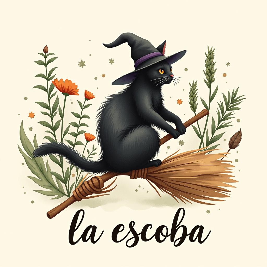  design a logo, in a watercolor style. witchy, black cat riding on a broom, dried herbs having off broom, cottage core aesthetic , with the text 'la escoba'.