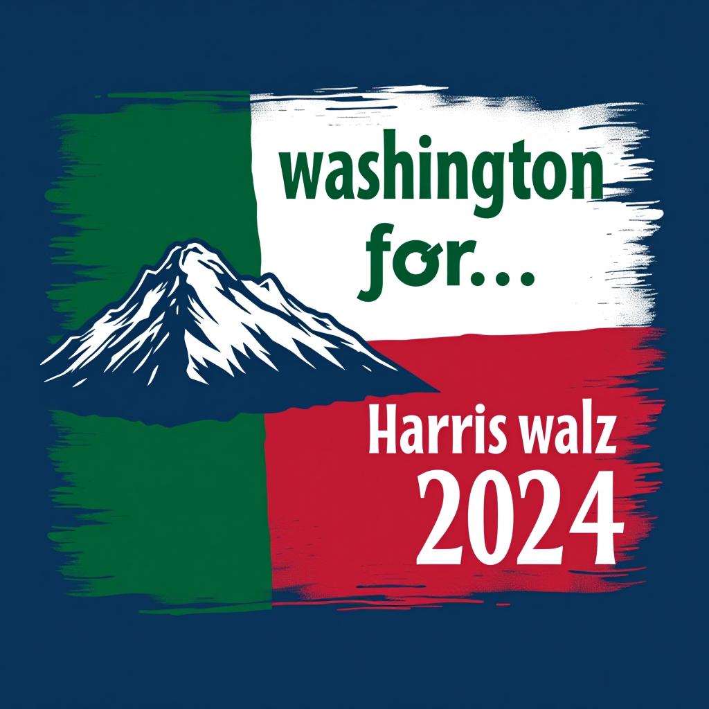  a tshirt design inspired by the washington state flag. the left side features a green vertical stripe with a large mountain in the center. the right side is divided into two horizontal sections: the top section is white with the text 'washington for' in bold, green, uppercase letters, and the bottom section is red with the text 'harris walz 2024' in bold, white, uppercase letters. the overall layout is clean and straightforward, with a clear and patriotic color scheme of blue, white, and red.