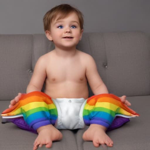  boy is showing his rainbow diaper , rainbow diaper , 3d , raindbow eyes , crouching in couch , looking at straight camera