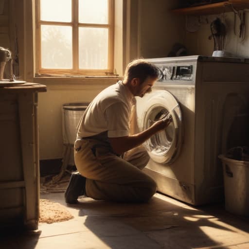 A photo of a skilled technician repairing a vintage washing machine in a cluttered garage during the late afternoon with warm sunlight streaming through dusty windows, creating a dramatic and nostalgic ambiance.