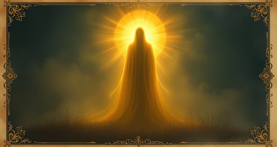  a radiant figure cloaked in golden light, human form faintly visible beneath the glow, celestial aura, divine presence, ethereal and otherworldly, reverence, majesty. an illustration in the style of a worn, mystical old tarot trump card, mysterious and elements of surrealism. the colors are muted, somber and eerie, but with contrast bring out an occult and esoteric vibe.