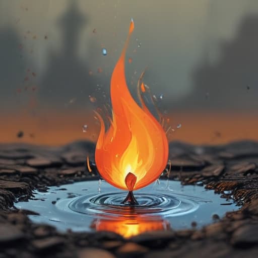 A fire within a droplet of water falling to the ground with the air in the background in Comic Art style