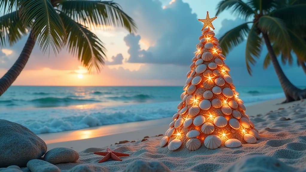  christmas tree made of shells and starfish on the ocean shore and palm trees with backlighting ar 16:9 {prompt}, maximum details