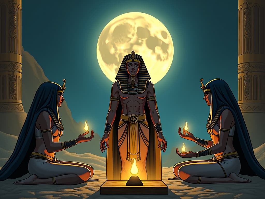  a pharaoh and priestesses under the full moon, performing rituals, ankh symbols lighting up, signifying being an active participant in life, celestial influence enveloping all. the style is digital art illustration / modern comic book / mysterious occult, symbolic, esoteric vibe,high detail on character design, incorporating ancient egyptian symbology and attire.