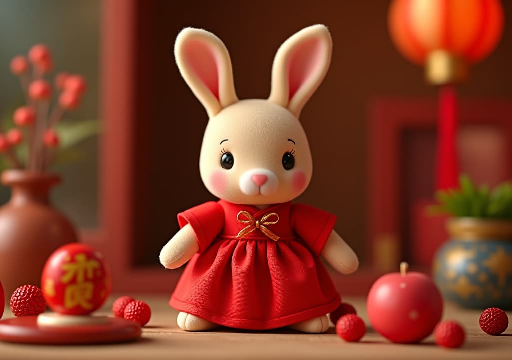  the cute little rabbit doll wears a red dress and is surrounded by traditional decorations and small objects