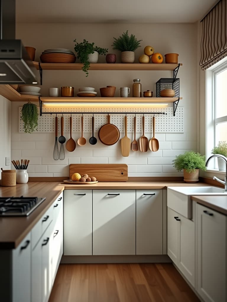  high quality portrait photo of a bright, airy small kitchen with open shelving, a pegboard wall for utensils, and under cabinet lighting highlighting organized countertops hyperrealistic, full body, detailed clothing, highly detailed, cinematic lighting, stunningly beautiful, intricate, sharp focus, f/1. 8, 85mm, (centered image composition), (professionally color graded), ((bright soft diffused light)), volumetric fog, trending on instagram, trending on tumblr, HDR 4K, 8K