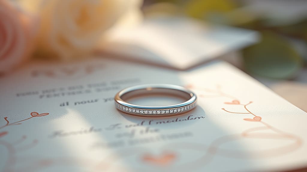  create an image with the following specifications: main subject: description: a elegant rivisormus (row ring) placed on top of a wedding invitation. style: modern and minimalist. setting: location: a stylish wedding planning desk. composition: framing: close up shot focusing on the ring and invitation. style: art movement: contemporary realism. technique: high key photography. atmosphere: mood: romantic and sophisticated. color palette: dominant colors: white, silver, soft pink. mood: fresh and elegant. details: foreground: the rivisormus with its line of small diamonds catching the light. background: blurred wedding stationery items like envelopes and rsvp cards. technical specs: aspect ratio: 16:9. negative prompt: avoid: hands,  hyperrealistic, full body, detailed clothing, highly detailed, cinematic lighting, stunningly beautiful, intricate, sharp focus, f/1. 8, 85mm, (centered image composition), (professionally color graded), ((bright soft diffused light)), volumetric fog, trending on instagram, trending on tumblr, HDR 4K, 8K