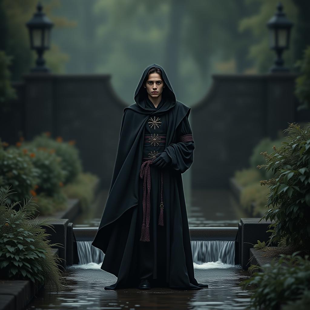  a photograph of a 2 old young male warlock , standing in a gothic garden, a water fall is behind him, the mood is sombre and 