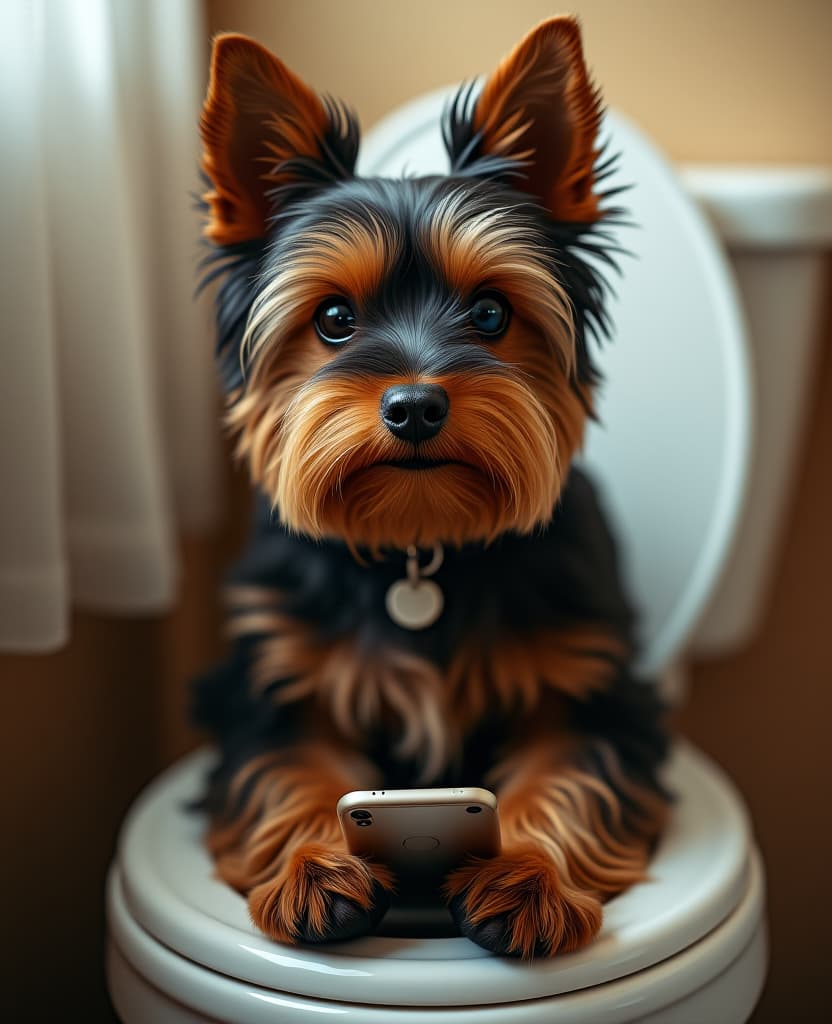  fashion editorial style yorkshire terrier, with dark eyes, sitting on the toilet with a phone in his paws, 4k quality, realism . high fashion, trendy, stylish, editorial, magazine style, professional, highly detailed hyperrealistic, full body, detailed clothing, highly detailed, cinematic lighting, stunningly beautiful, intricate, sharp focus, f/1. 8, 85mm, (centered image composition), (professionally color graded), ((bright soft diffused light)), volumetric fog, trending on instagram, trending on tumblr, HDR 4K, 8K