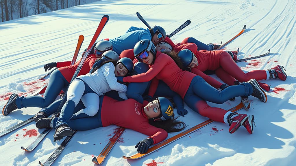  a pileup of skiier girls wearing tight skiing outfits after they all stumbled over eachother. all of them are unconsciouss and have their eyes closed. its on the slope of a snowy mountain. theres blood spots all around and a few dead skiiers laying around the pile