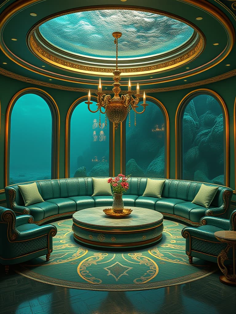  a luxurious mermaid mansion living room in the deep sea. the house is round li and big metallic green and gold ver shiny . with mermaid furniture