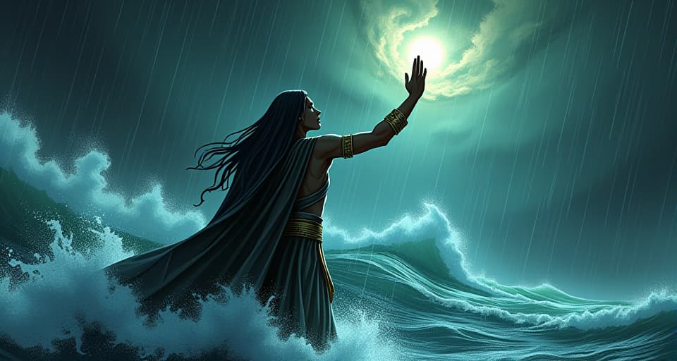  a determined figure raising their hand, the storm's elements beginning to calm, wind easing, rain lightening, a moment of control.. the style is digital art illustration / modern comic book / mysterious occult, symbolic, esoteric vibe,high detail on character design, incorporating ancient egyptian symbology and attire.