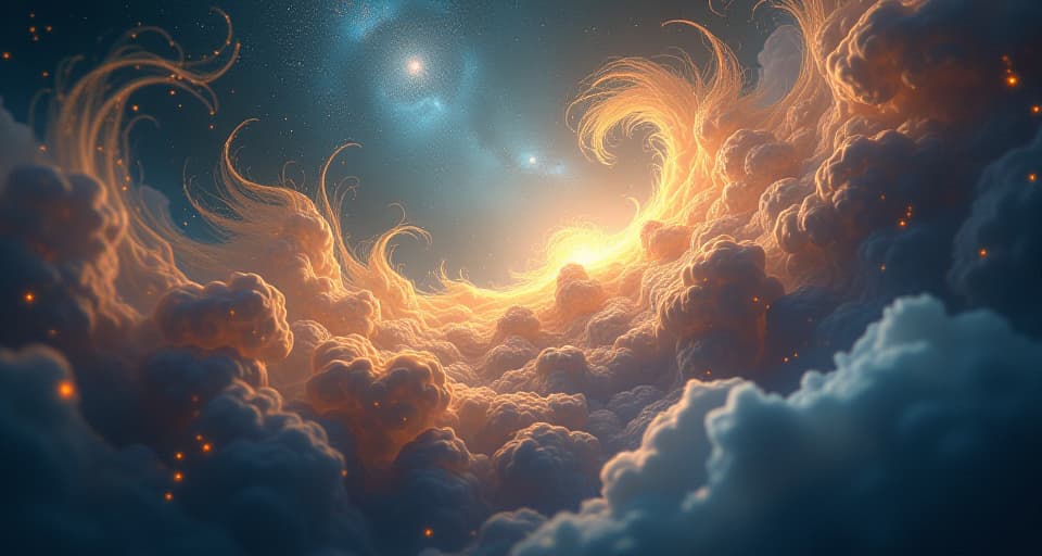  a celestial tapestry unraveling, threads of ethereal light dispersing into the cosmos. the image conveys a sense of fragility, and an impending unraveling of something once divine.. the style is digital art illustration,highly detailed, whimsical,magical, dreamlike atmosphere, realism and fantasy blend, smooth, glossy textures,luminous quality, wonder and enchantment.