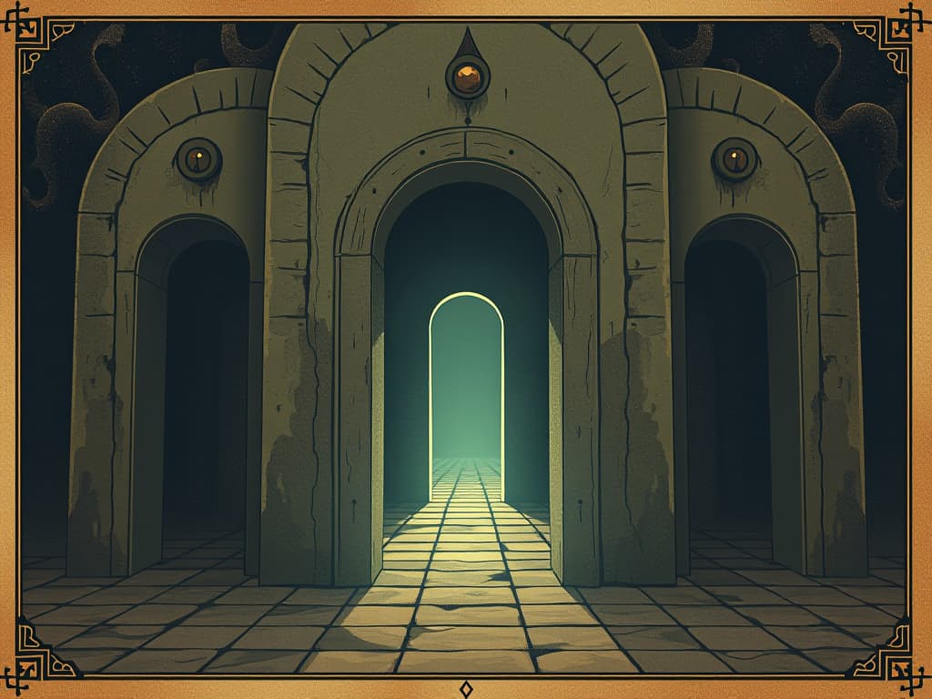  doorways to alternate realities, portals, shimmering gates. an illustration in the style of a worn, mystical old tarot trump card, mysterious and elements of surrealism. the colors are muted, somber and eerie, but with contrast bring out an occult and esoteric vibe.