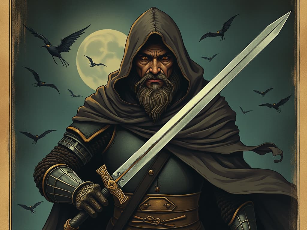  a fierce warrior with a humble expression, dressed in armor and a simple cloak, holding a sword with both hands, eyes reflecting unyielding determination, night setting, intense focus. an illustration in the style of a worn, mystical old tarot trump card, mysterious and elements of surrealism. the colors are muted, somber and eerie, but with contrast bring out an occult and esoteric vibe.