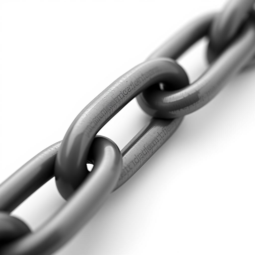  close up of metal chain links isolated on white background.