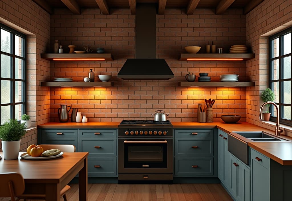  a landscape photo of a rustic kitchen interior featuring a warm, textured backsplash made of faux brick panels, complemented by wooden open shelving and copper accents hyperrealistic, full body, detailed clothing, highly detailed, cinematic lighting, stunningly beautiful, intricate, sharp focus, f/1. 8, 85mm, (centered image composition), (professionally color graded), ((bright soft diffused light)), volumetric fog, trending on instagram, trending on tumblr, HDR 4K, 8K