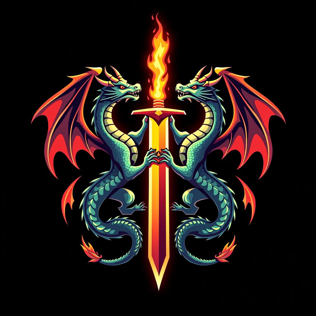  design a logo, custom sticker design on an isolated black background decorated by mythical dragons and a flaming sword