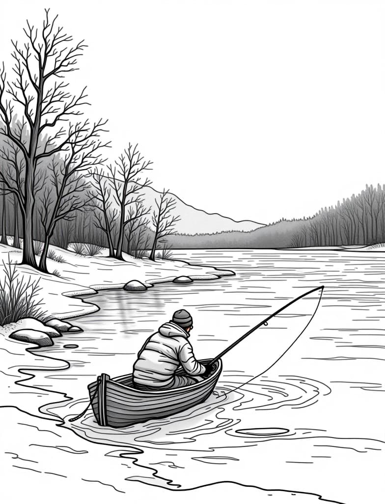  this is for an adult coloring page. a detailed black and white line art of a snowy ice fishing scene on a frozen lake on a solid white background.