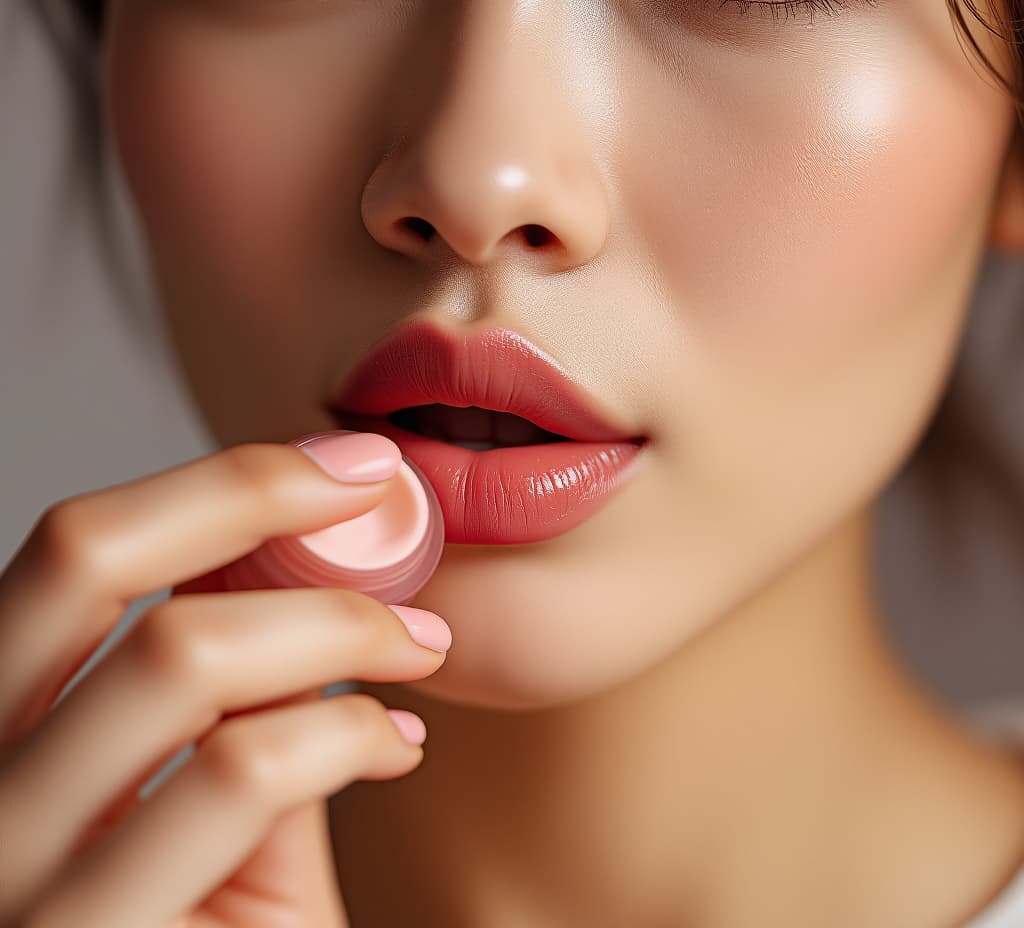  \lip care protection concept, asian young woman, applying balm from jar, taking with finger, on dry mouth from natural beauty product, skincare routine, makeup and cosmetics on background, high quality, high details, hd, perfect composition, 4k epic detailed, highly detailed, sharp focus, high resolution