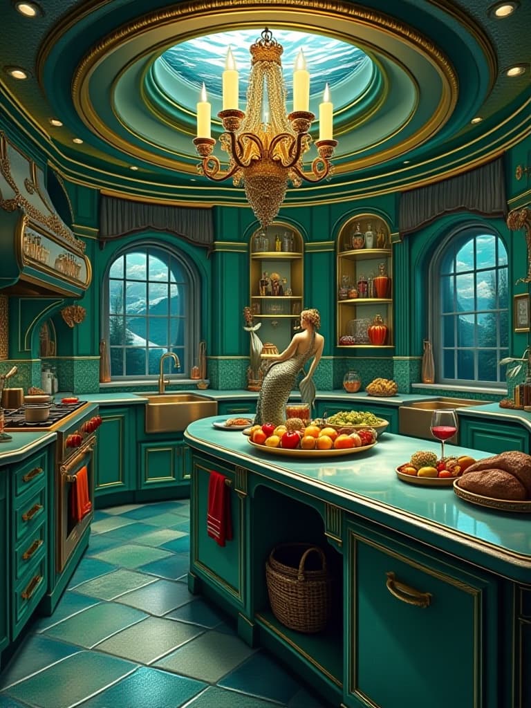  a luxurious mermaid mansion in the deep sea mermaid kitchen . the house is round and big metallic green and gold ver shiny . the kitchen is full of mermaid food . appliances are shape like mermaid tales