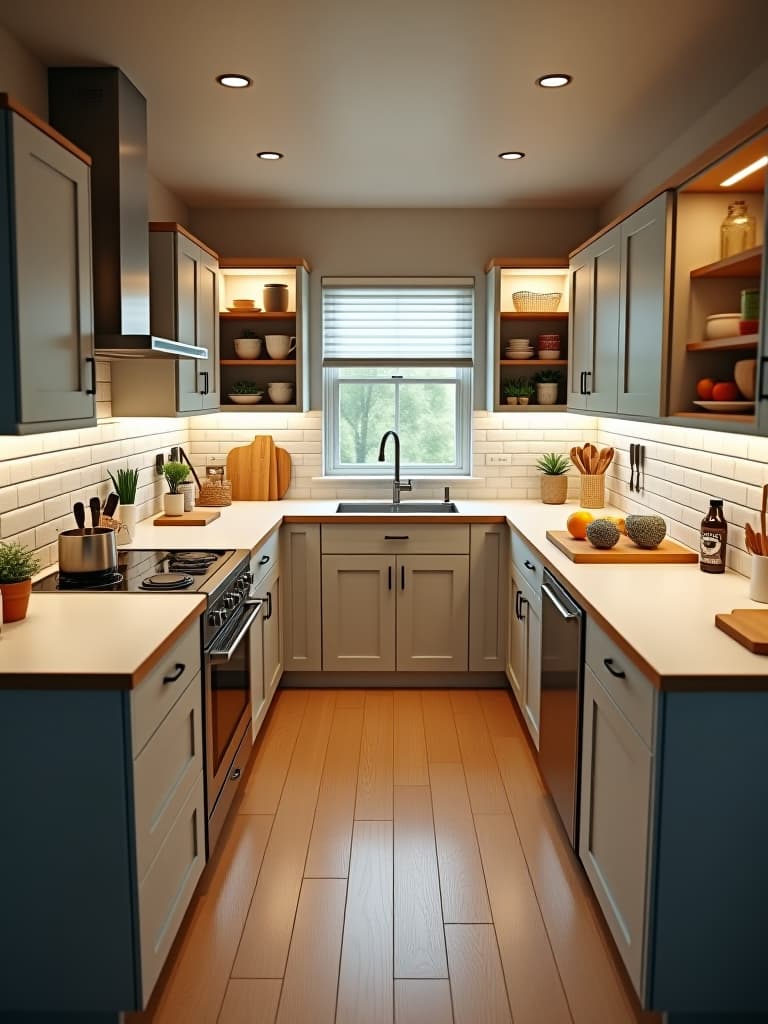  high quality portrait photo of a bird's eye view of a small, efficiently organized kitchen with labeled storage solutions, pull out pantry, and multi functional island in a bright, airy setting hyperrealistic, full body, detailed clothing, highly detailed, cinematic lighting, stunningly beautiful, intricate, sharp focus, f/1. 8, 85mm, (centered image composition), (professionally color graded), ((bright soft diffused light)), volumetric fog, trending on instagram, trending on tumblr, HDR 4K, 8K