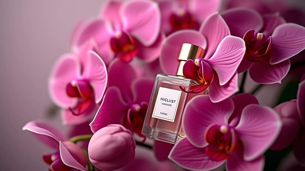  a symphony of blossoms: a perfume bottle nestled in a bouquet of vibrant orchids