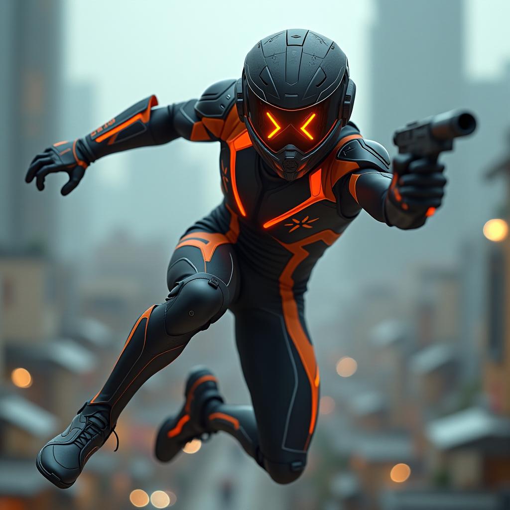  "an action scene featuring a in a sleek black and orange suit with glowing accents famale, wearing a helmet with an x shaped visor. the character is in mid air, holding a weapon, poised to shoot. , high quality, high details, hd, perfect composition, 4k epic detailed, highly detailed, sharp focus, high resolution