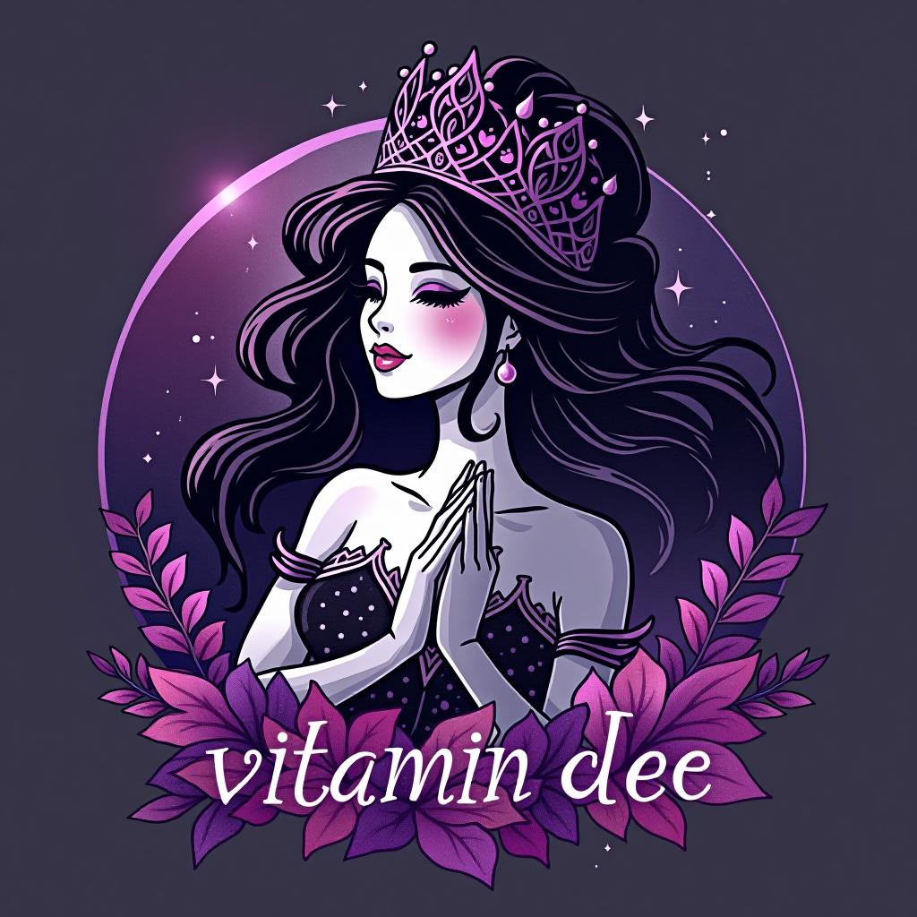  design a logo, in a watercolor style. princess black and purple spiritual, with the text 'vitamin dee'.