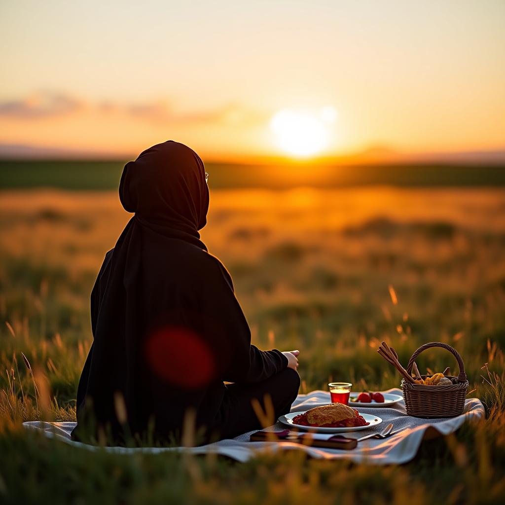  a muslim girl in black clothing in a field, having a picnic, sitting with her back towards the sunset.