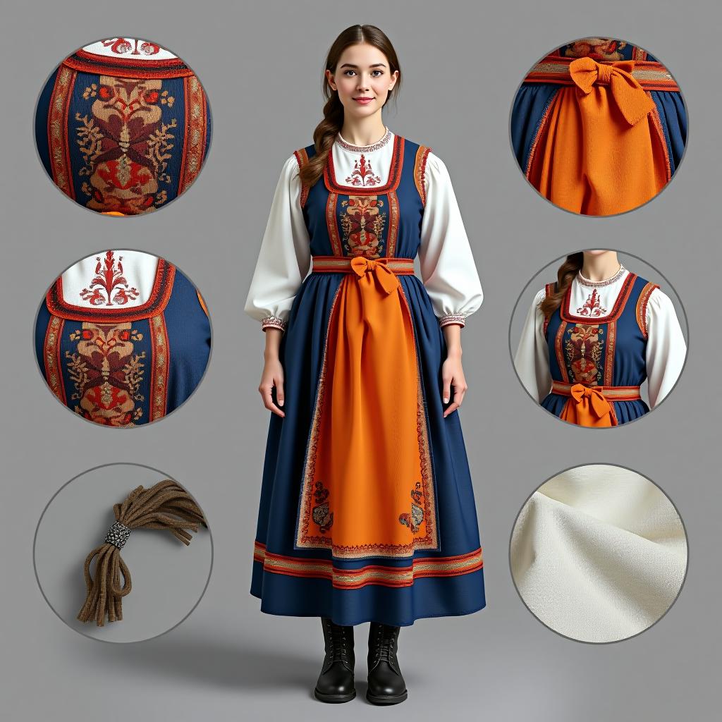  the folk costume is shown, highlighting its details in circles, with a full length view of the costume. the design should use gray tones, with orange as the accent color. the colors of the costume feature blue tones and white.